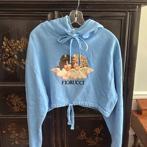 Fiorucci Light Blue Cropped Hoodie with Angel Print